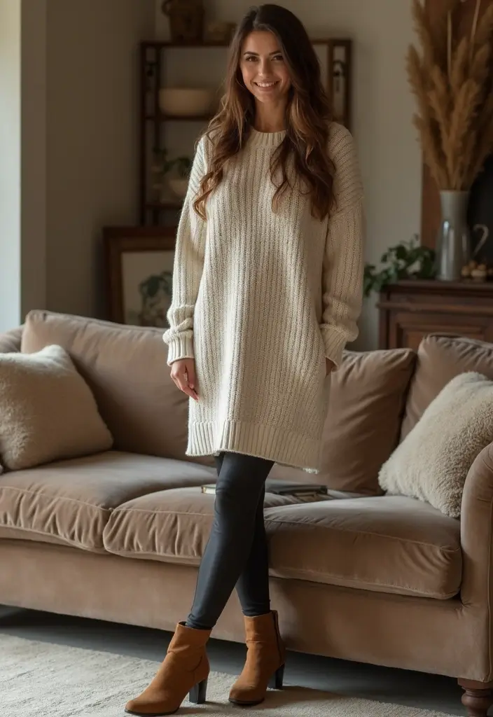30 Fresh Outfit Casual Mujer Ideas You Need To Try - 8. Comfy Sweater Dress and Leggings