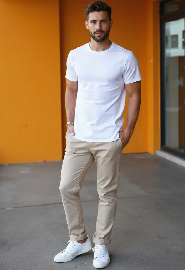 30 Must-Try All White Outfit Men Combos This Season - 1. Classic White Tee and Tailored Chinos