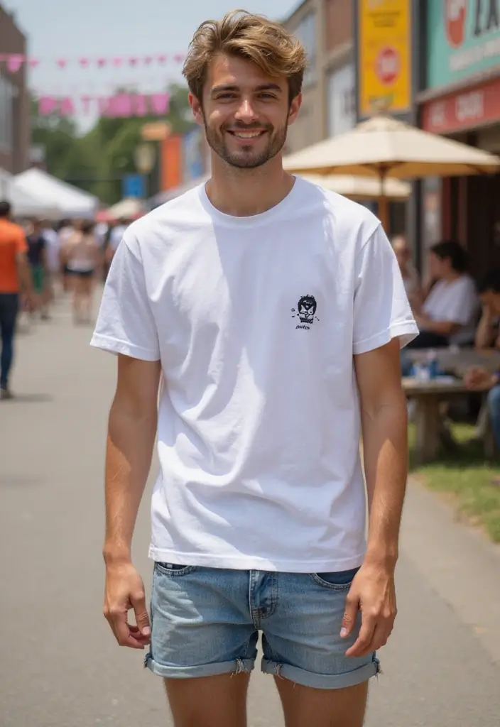 30 Must-Try All White Outfit Men Combos This Season - 10. All-White Graphic Tee and Denim Shorts