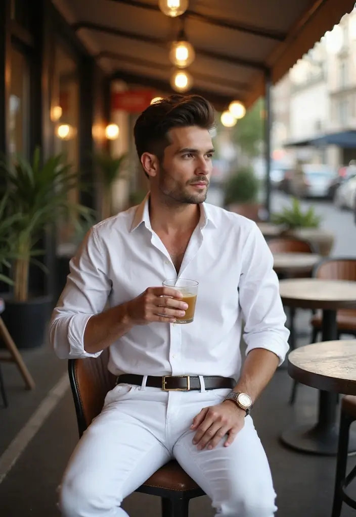 30 Must-Try All White Outfit Men Combos This Season - 11. White Dress Shirt and White Jeans