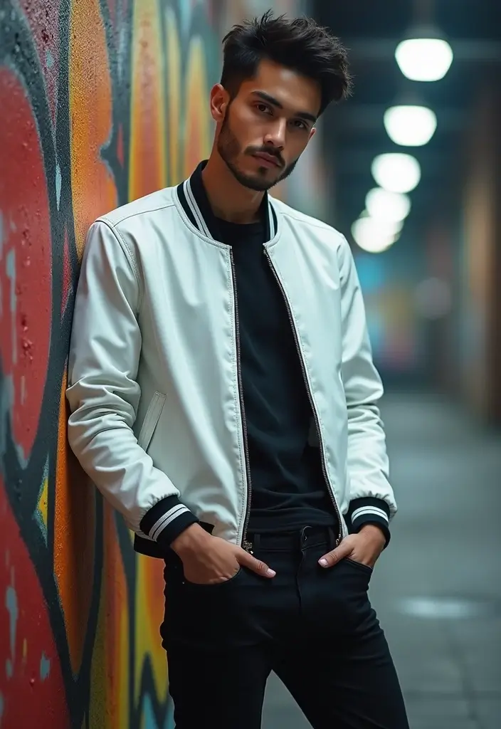 30 Must-Try All White Outfit Men Combos This Season - 12. White Bomber Jacket and Black Jeans