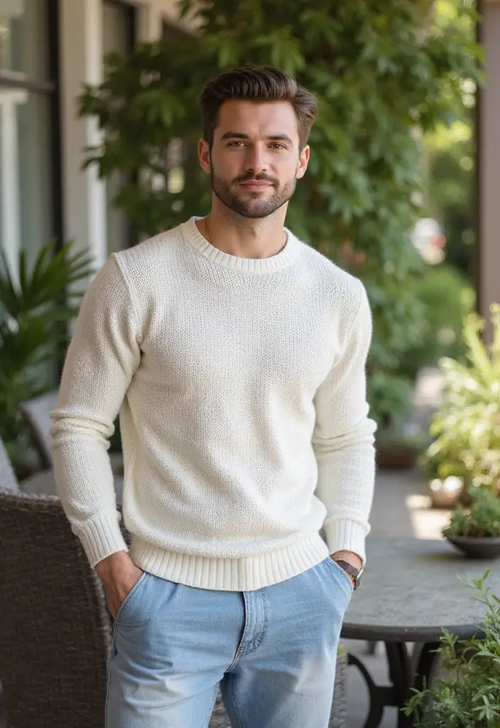 30 Must-Try All White Outfit Men Combos This Season - 13. White Knit Sweater and Light Blue Jeans