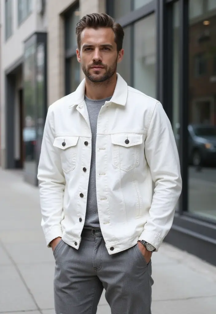 30 Must-Try All White Outfit Men Combos This Season - 14. White Denim Jacket and Grey Trousers