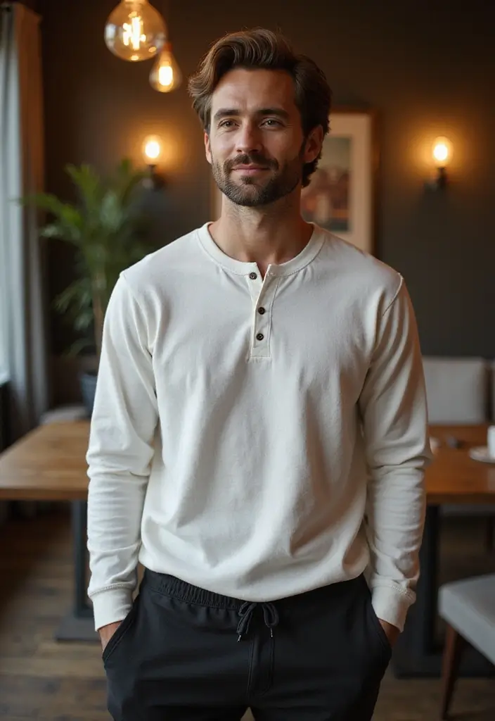 30 Must-Try All White Outfit Men Combos This Season - 15. White Henley and Black Joggers