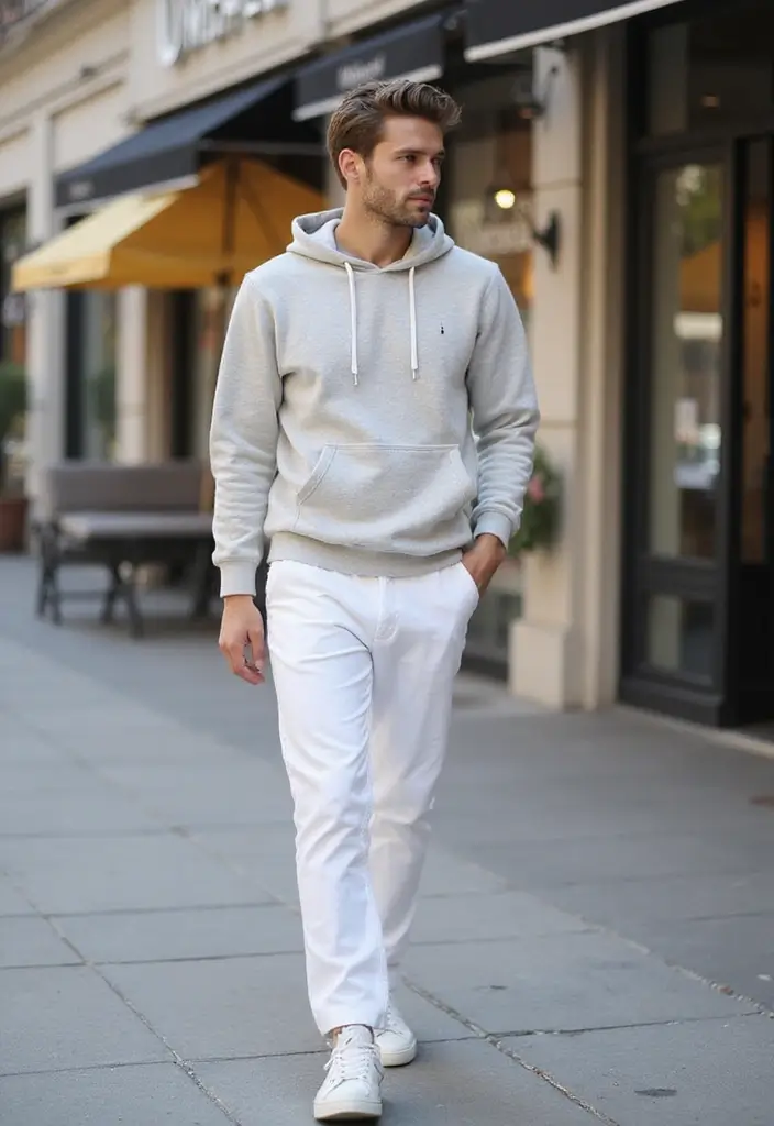 30 Must-Try All White Outfit Men Combos This Season - 16. White Chinos and Lightweight Hoodie