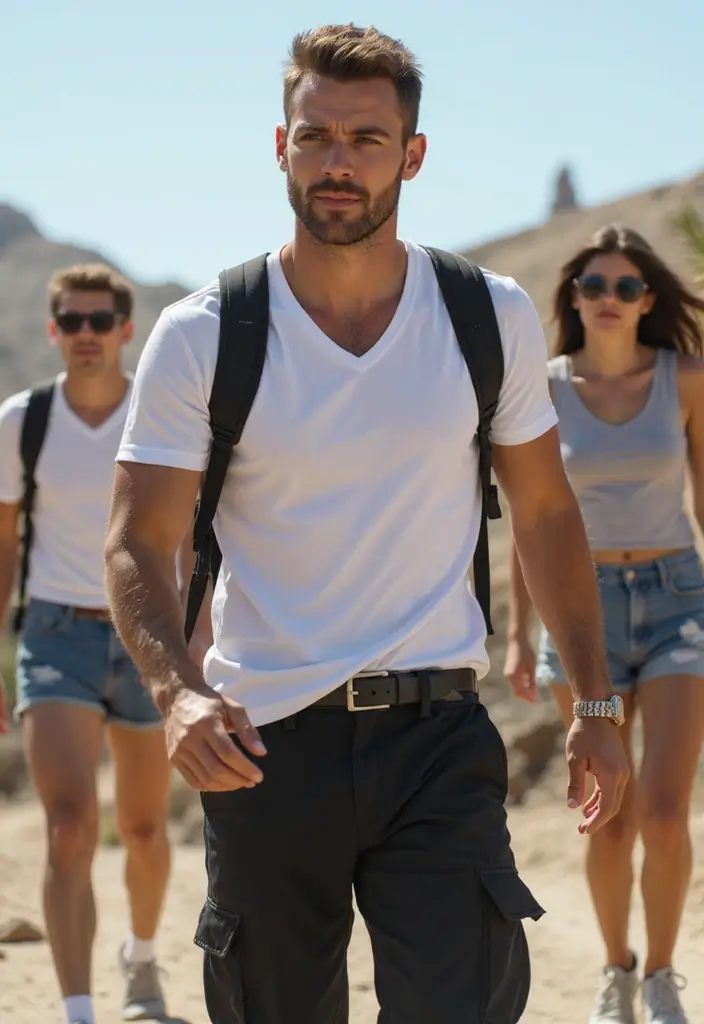 30 Must-Try All White Outfit Men Combos This Season - 17. White V-Neck T-Shirt and Black Cargo Pants