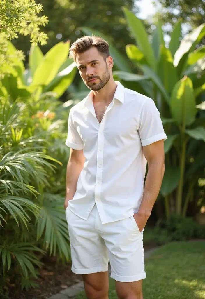 30 Must-Try All White Outfit Men Combos This Season - 2. White Button-Up Shirt and Slim Fit Shorts