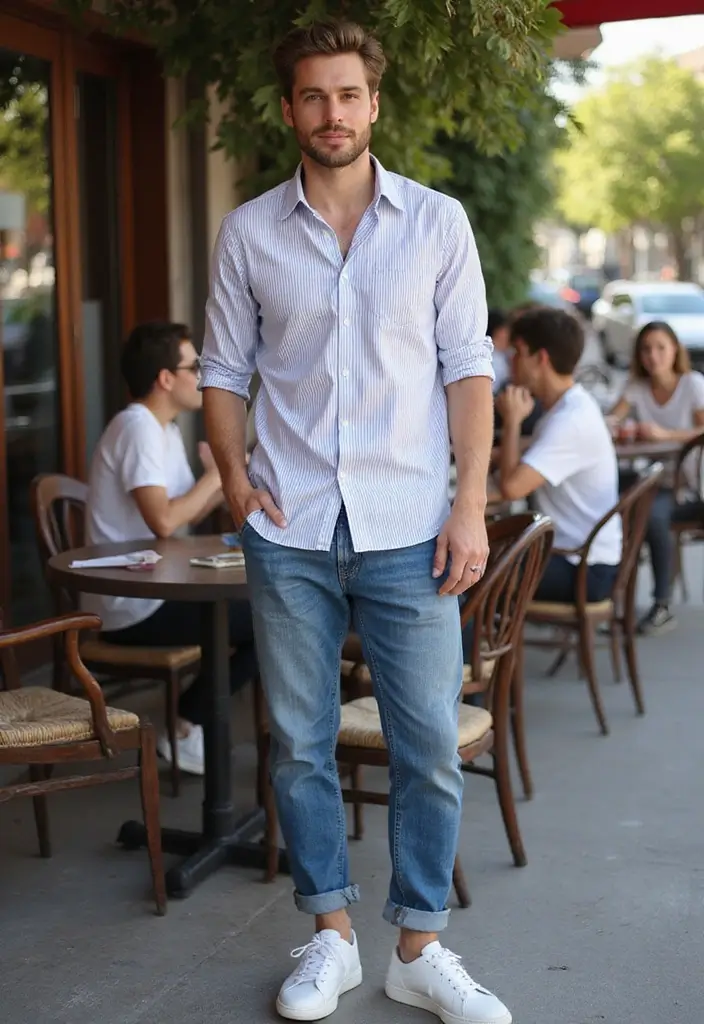 30 Must-Try All White Outfit Men Combos This Season - 20. White Casual Sneakers and Striped Shirt