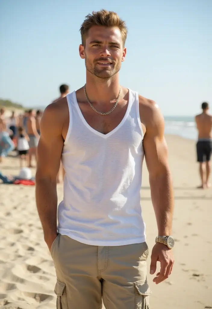30 Must-Try All White Outfit Men Combos This Season - 22. White Tank Top and Cargo Shorts