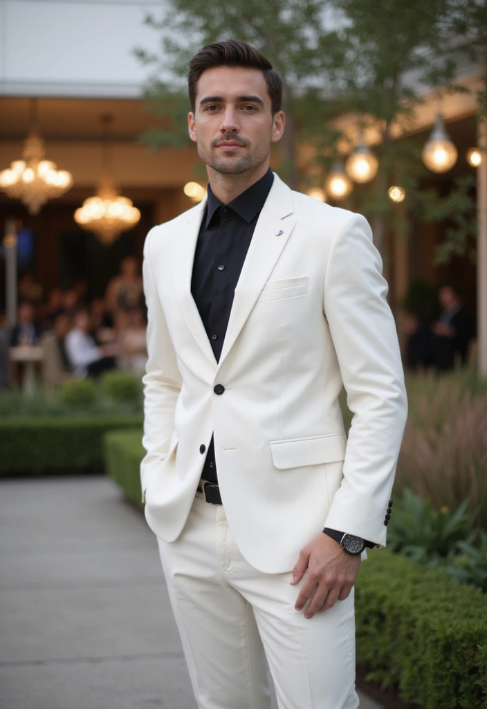 30 Must-Try All White Outfit Men Combos This Season - 23. White Suit Jacket and White Trousers
