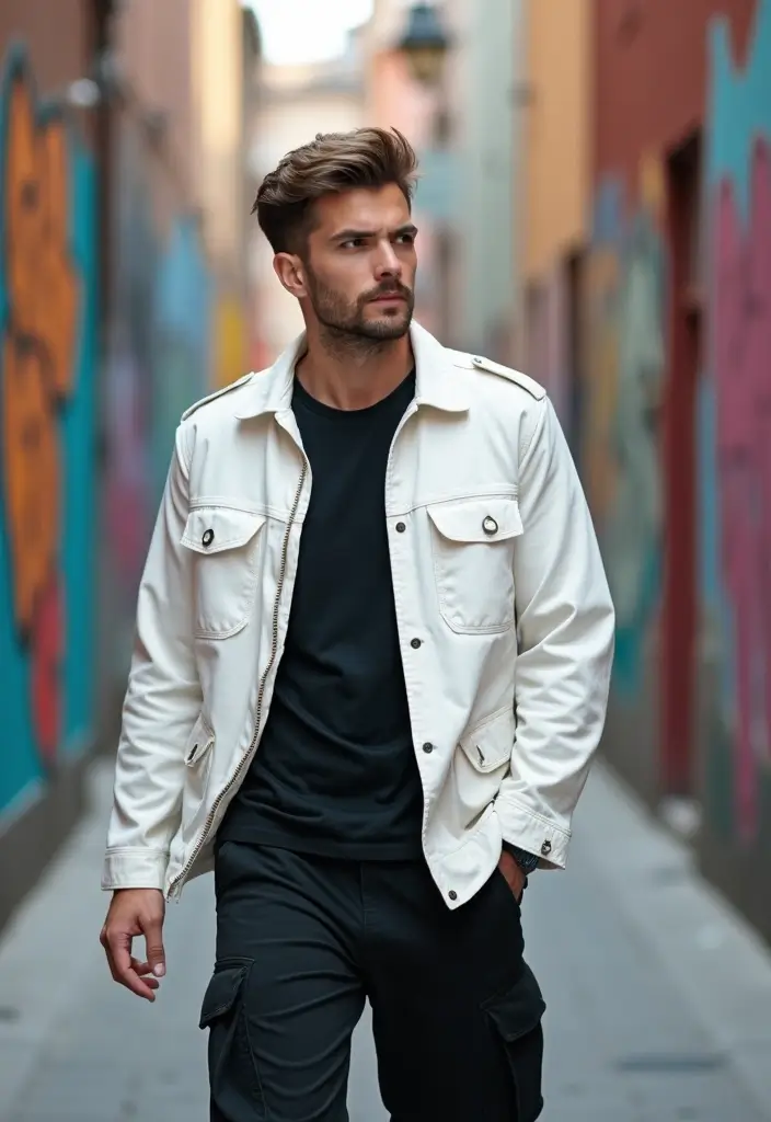 30 Must-Try All White Outfit Men Combos This Season - 25. White Utility Jacket and Cargo Pants