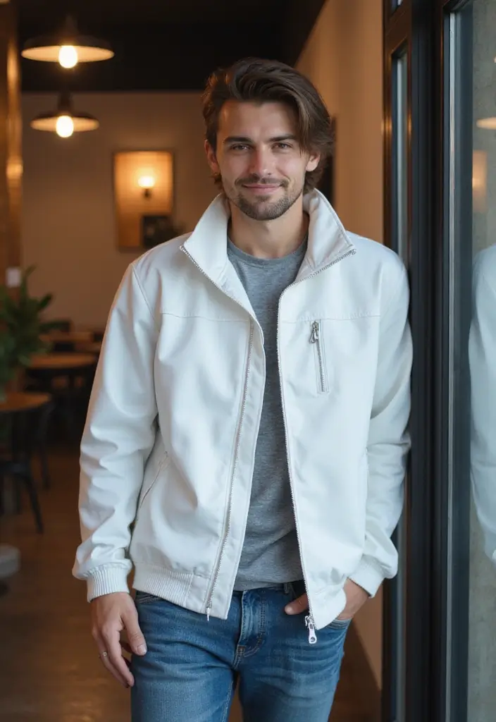 30 Must-Try All White Outfit Men Combos This Season - 26. White Sports Jacket and Jeans