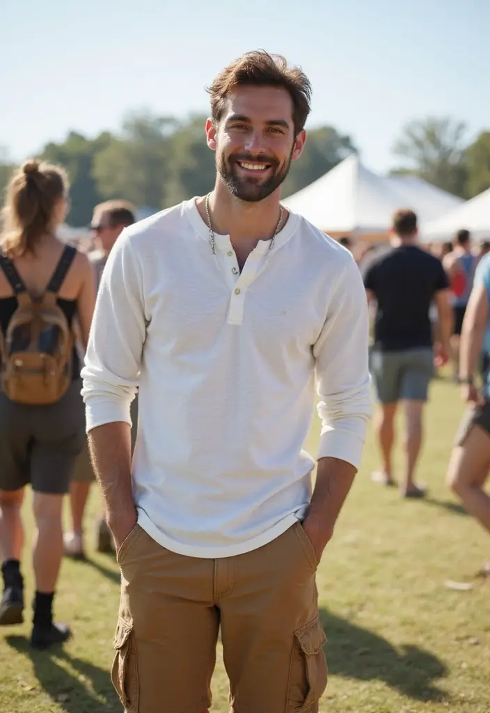 30 Must-Try All White Outfit Men Combos This Season - 27. White Long Sleeve Henley and Cargo Shorts