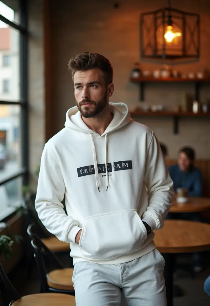 30 Must-Try All White Outfit Men Combos This Season - 28. White Graphic Hoodie and Jogger Pants