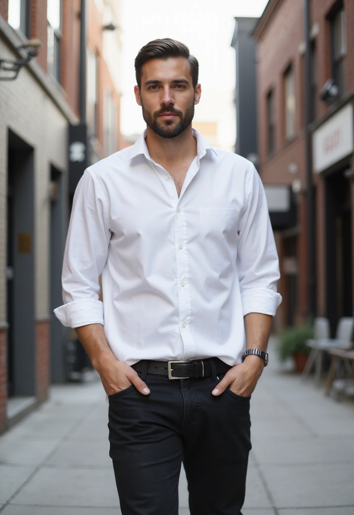 30 Must-Try All White Outfit Men Combos This Season - 29. White Overshirt and Black Jeans