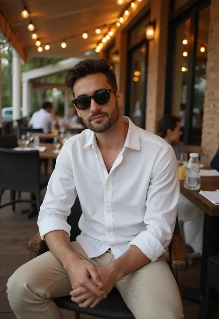 30 Must-Try All White Outfit Men Combos This Season - 30. White Viscose Shirt and Beige Chinos