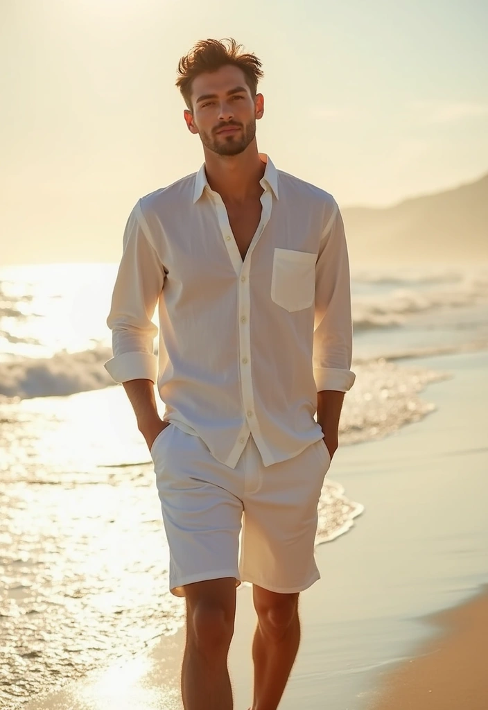 30 Must-Try All White Outfit Men Combos This Season - 4. White Linen Shorts and Henley