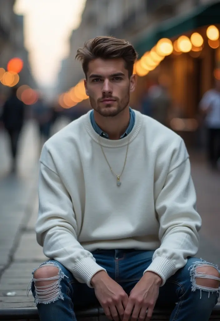 30 Must-Try All White Outfit Men Combos This Season - 5. White Sweater with Distressed Jeans
