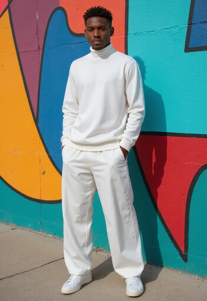 30 Must-Try All White Outfit Men Combos This Season - 9. White Turtleneck and Wide-Leg Trousers