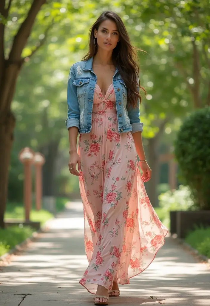 30 Must-Try Outfit Para Mama De Graduado Combos This Season - 1. Flowing Maxi Dress with Denim Jacket