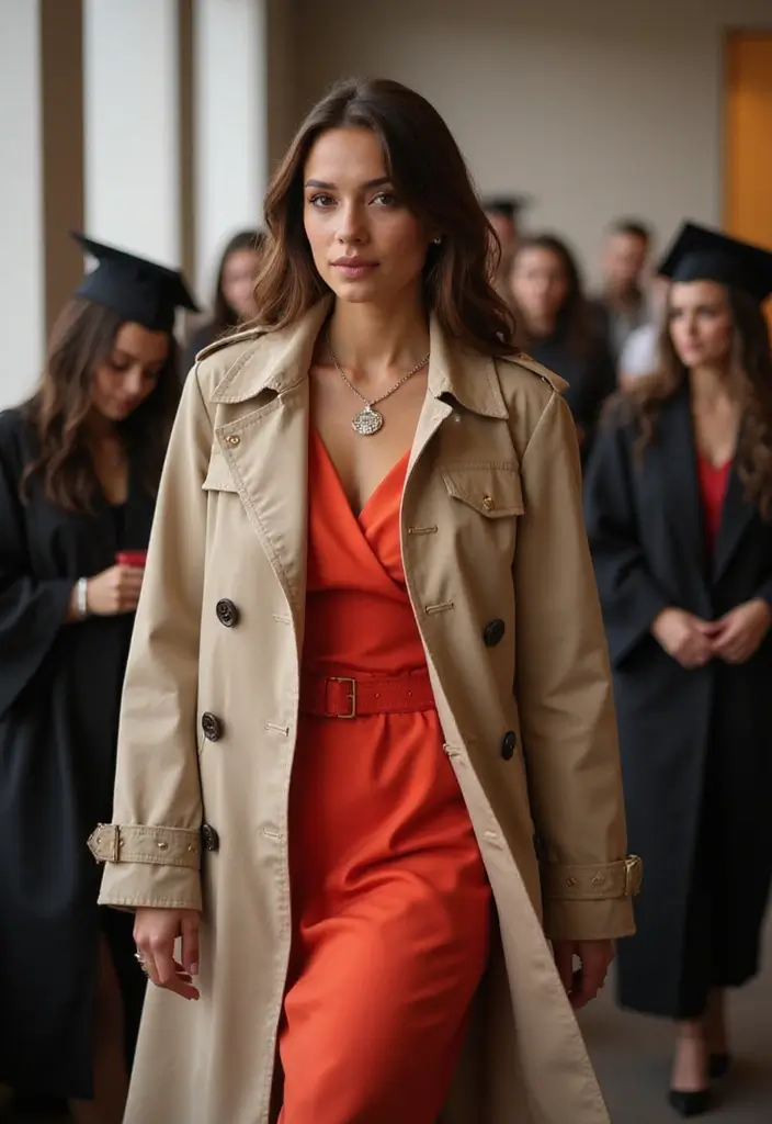 30 Must-Try Outfit Para Mama De Graduado Combos This Season - 20. Stylish Trench Coat Over Dress