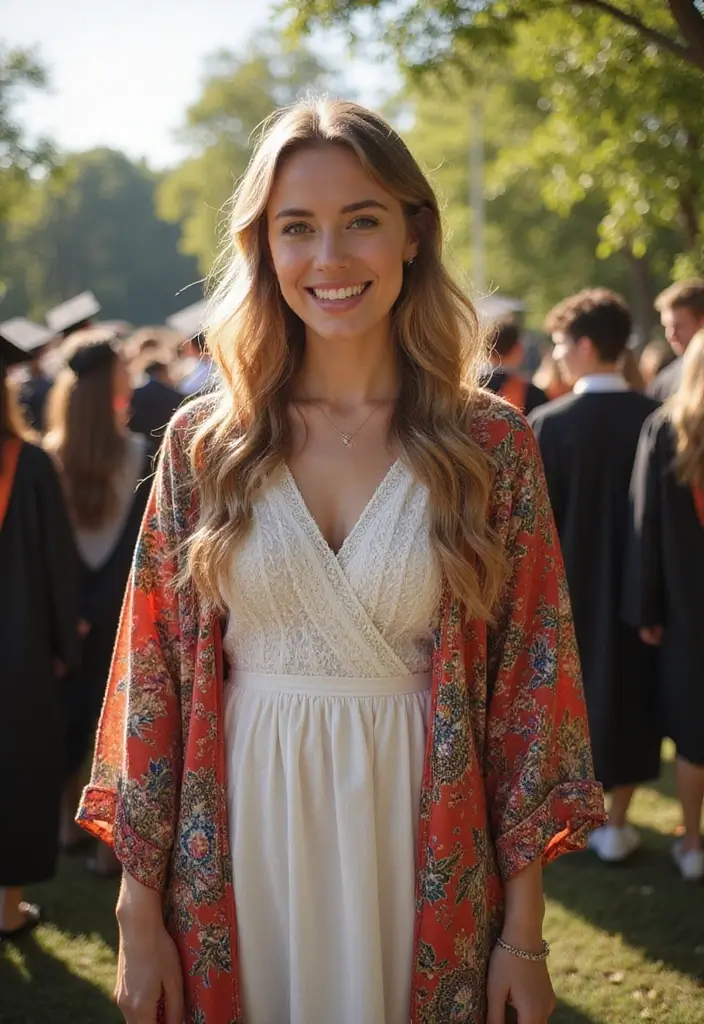 30 Must-Try Outfit Para Mama De Graduado Combos This Season - 9. Layered Dress with a Kimono