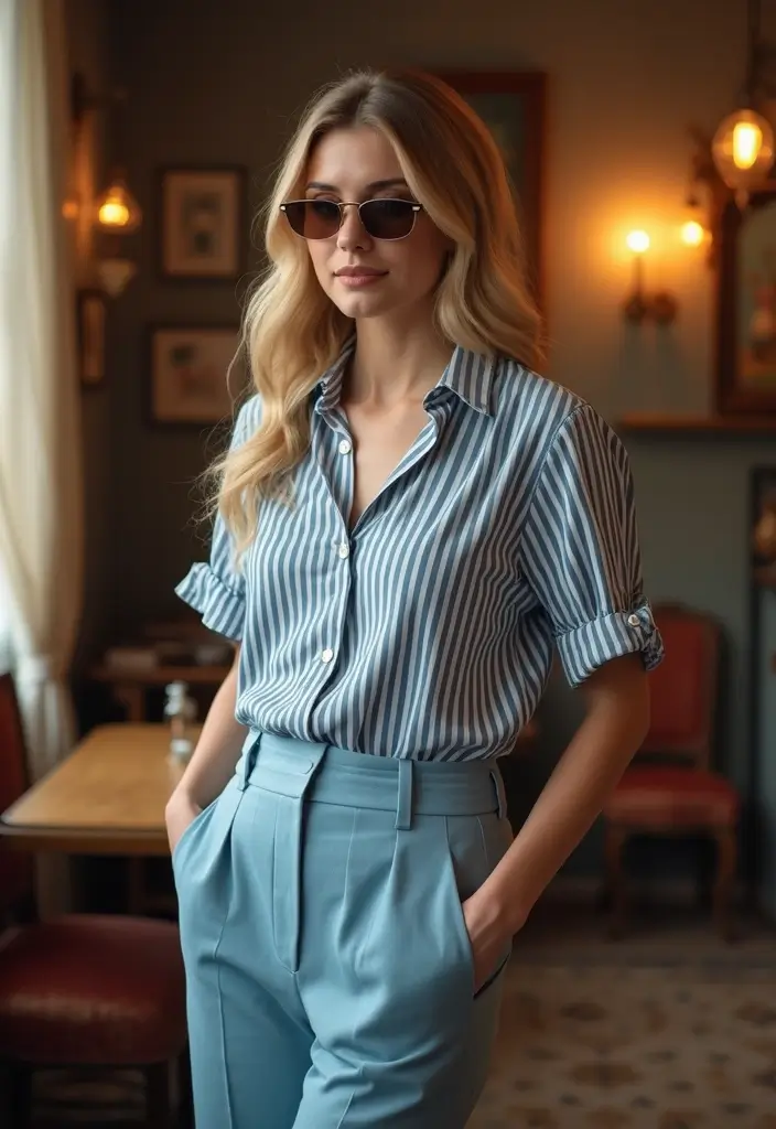 30 Outfit Chemise Rayee Bleu Inspirations For Real Life - 10. Vintage Vibes