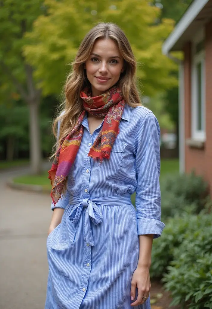 30 Outfit Chemise Rayee Bleu Inspirations For Real Life - 16. Chic Layering with Scarves