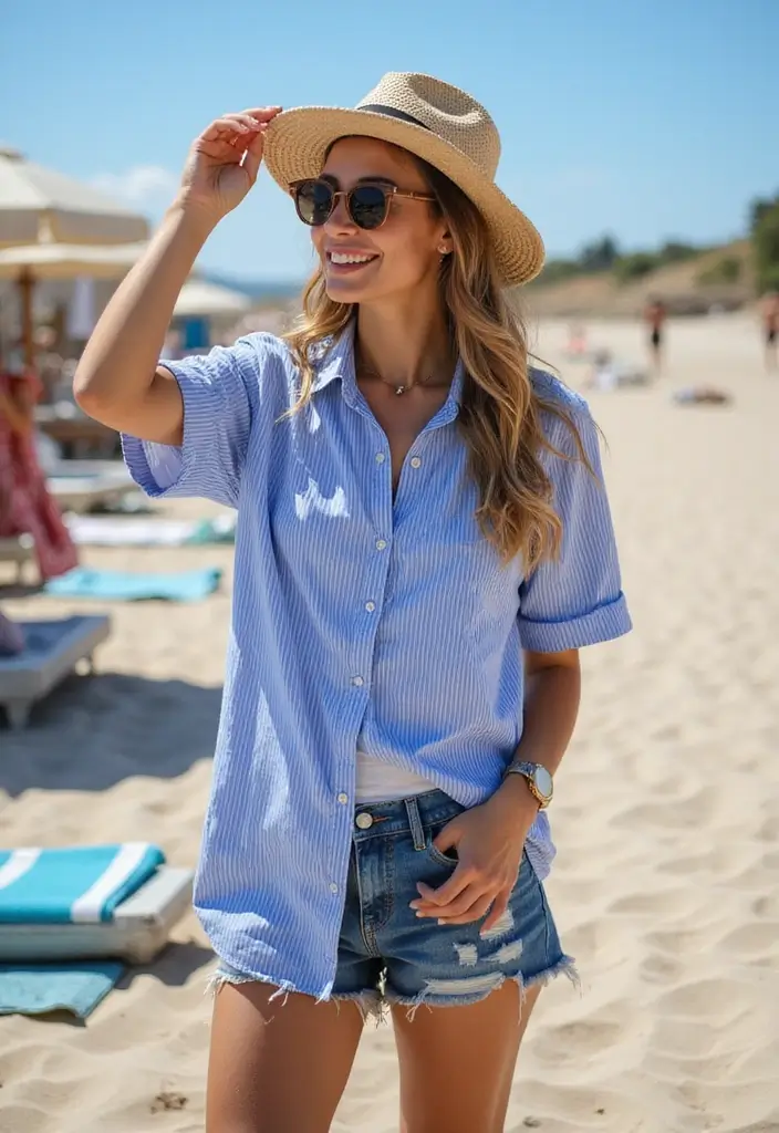 30 Outfit Chemise Rayee Bleu Inspirations For Real Life - 2. Casual Beach Day Vibes