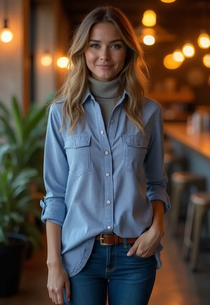 30 Outfit Chemise Rayee Bleu Inspirations For Real Life - 3. Layering for Chilly Evenings