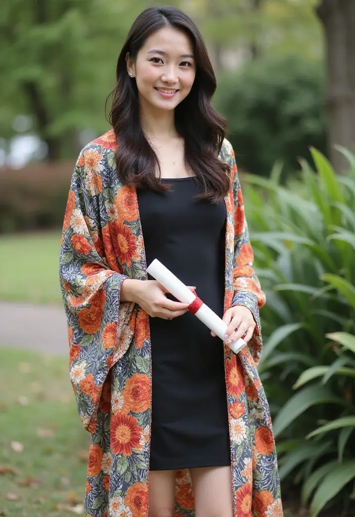 30 Outfit For Graduation Looks That Will Upgrade Your Wardrobe - 19. Unique Kimono and Dress Combo