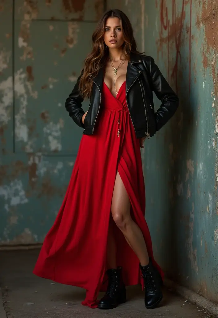 30 Outfit Vestido Rojo Looks That Will Upgrade Your Wardrobe - 10. Edgy Leather Accents