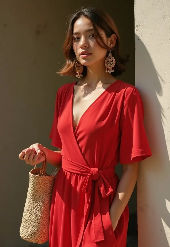 30 Outfit Vestido Rojo Looks That Will Upgrade Your Wardrobe - 2. Chic and Casual Wrap Dress
