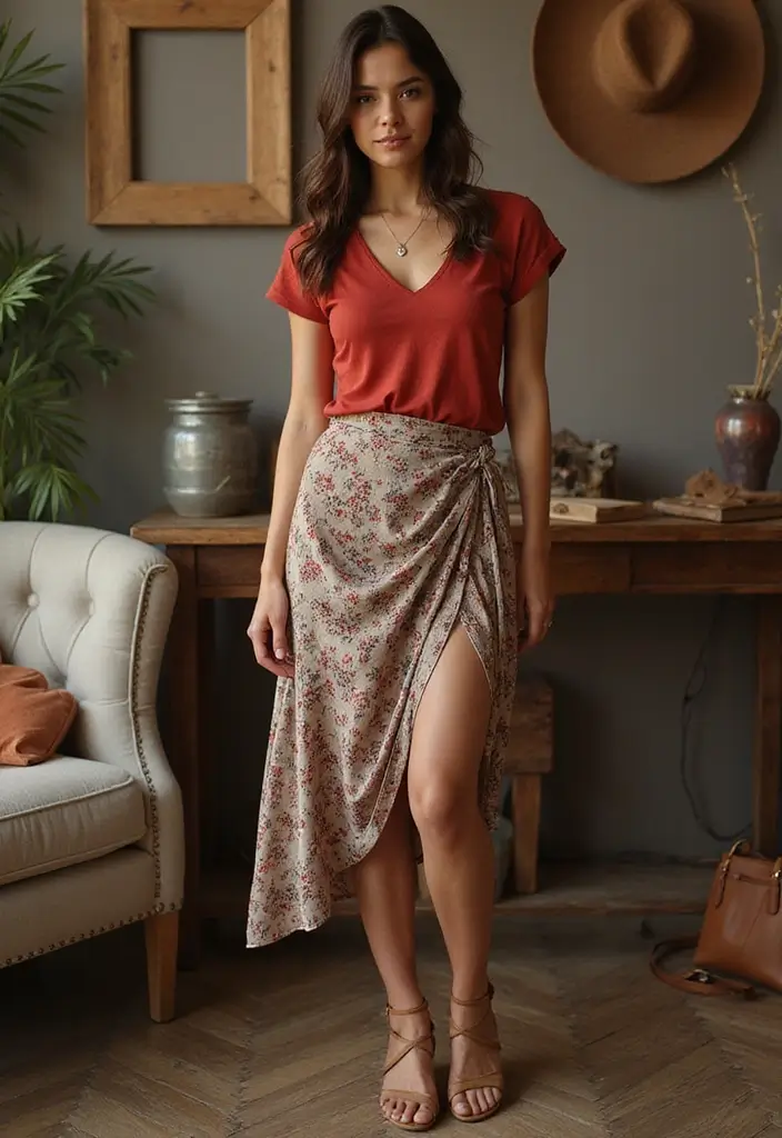30 Outfit Vestido Rojo Looks That Will Upgrade Your Wardrobe - 25. Vintage Wrap Skirt with a Red Top