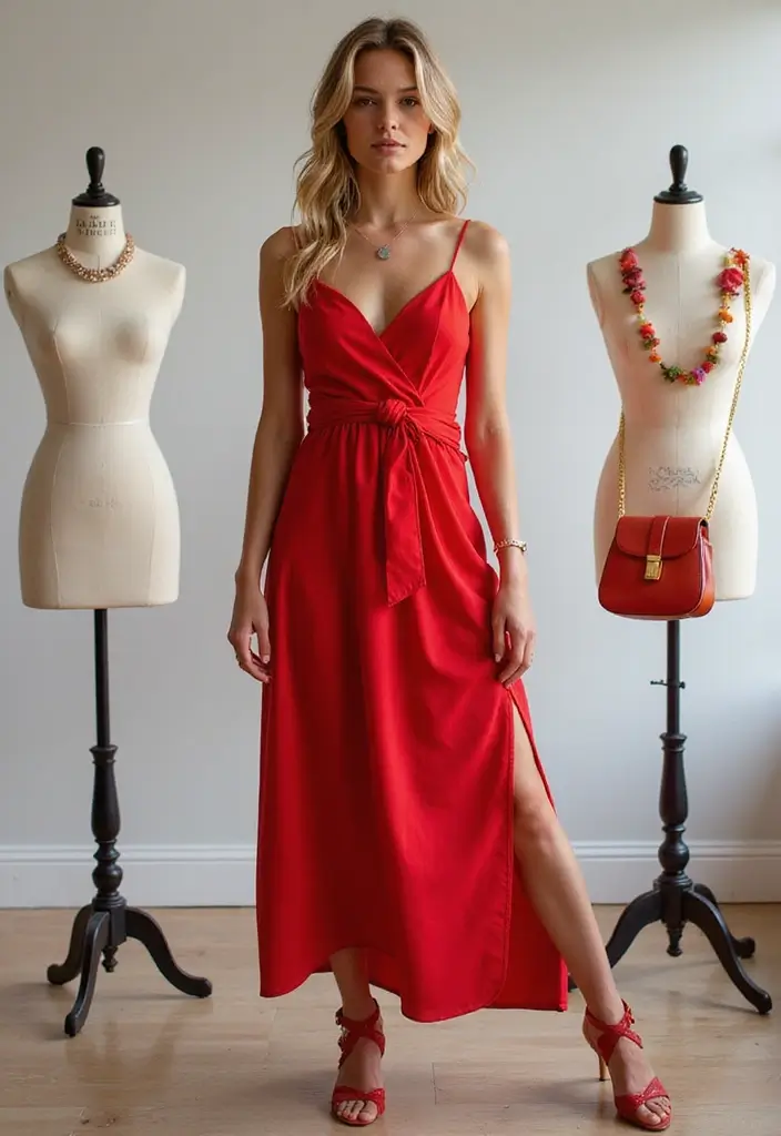 30 Outfit Vestido Rojo Looks That Will Upgrade Your Wardrobe - 28. Statement Accessories with a Simple Dress
