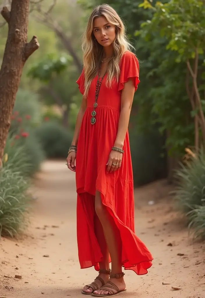 30 Trendy Red Dress Outfit Night To Refresh Your Closet - 13. Effortless Bohemian Vibes