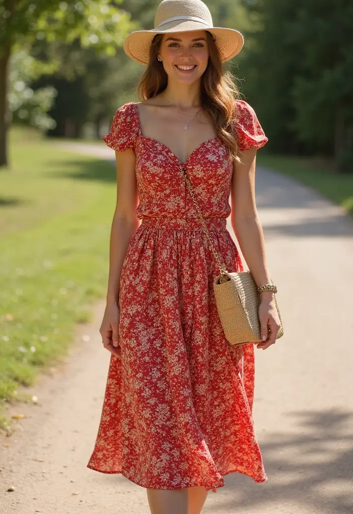 30 Trendy Red Dress Outfit Night To Refresh Your Closet - 27. Vintage Floral Patterns