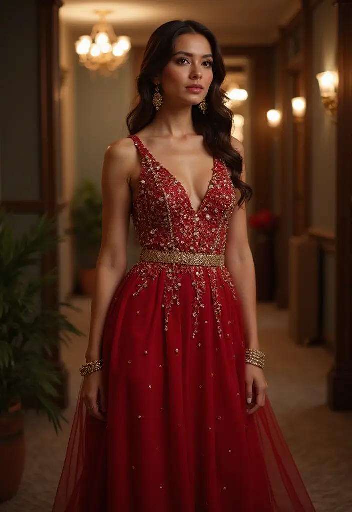 30 Trendy Red Dress Outfit Night To Refresh Your Closet - 28. Fun Jeweled Accents