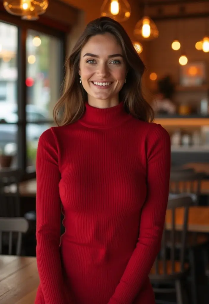 30 Trendy Red Dress Outfit Night To Refresh Your Closet - 29. Timeless Turtleneck Style