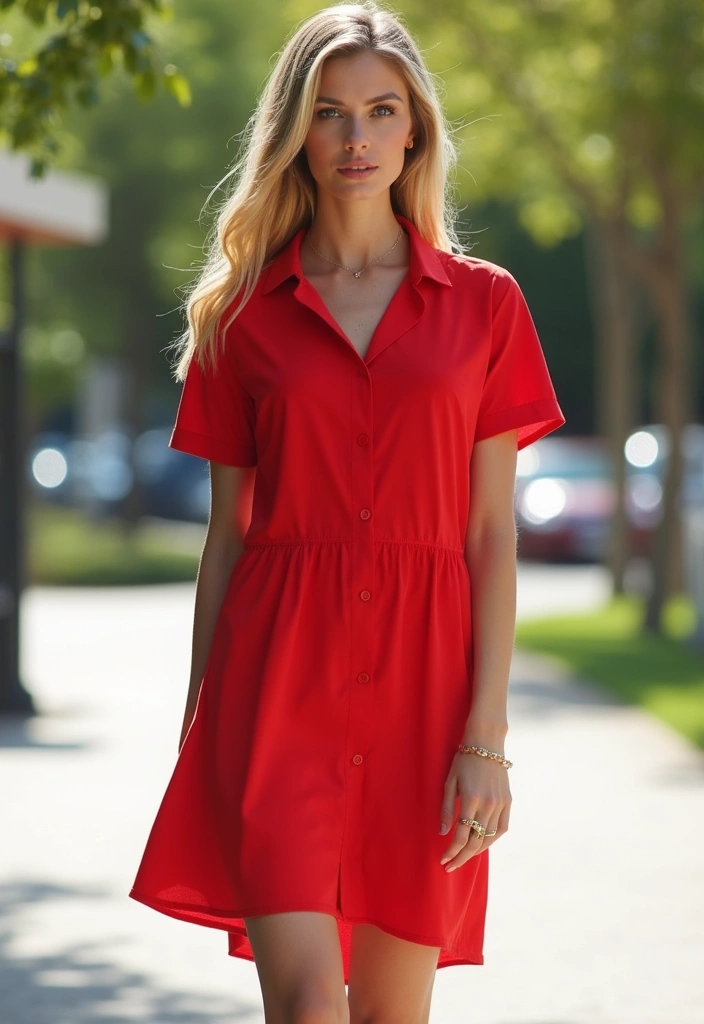 30 Trendy Red Dress Outfit Night To Refresh Your Closet - 7. Stylish Shirt Dress
