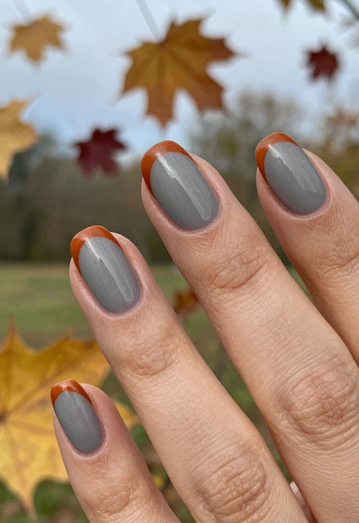 15 Autumn French Tip Nails Ideas Classic With Fall Twist - 12. Soft Gray and Rust 1