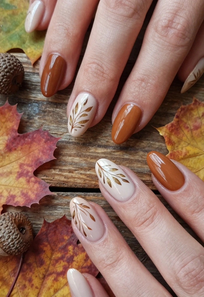 15 Autumn French Tip Nails Ideas Classic With Fall Twist - 7. Earthy Tones with Leaves 1