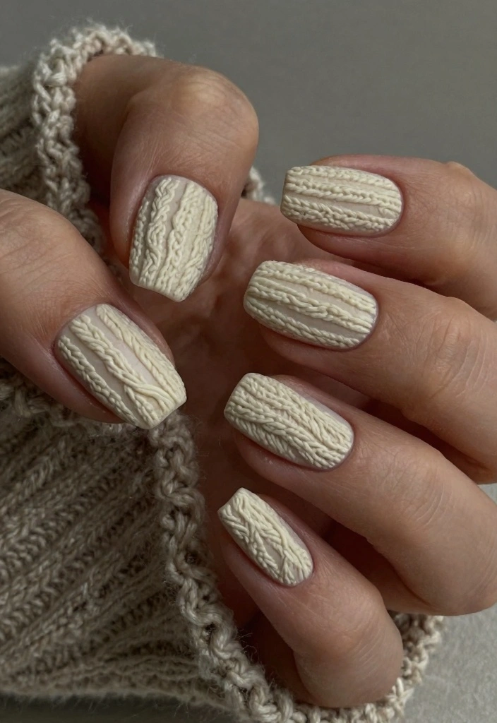15 Autumn French Tip Nails Ideas Classic With Fall Twist - 8. Cozy Cable Knit Design 1