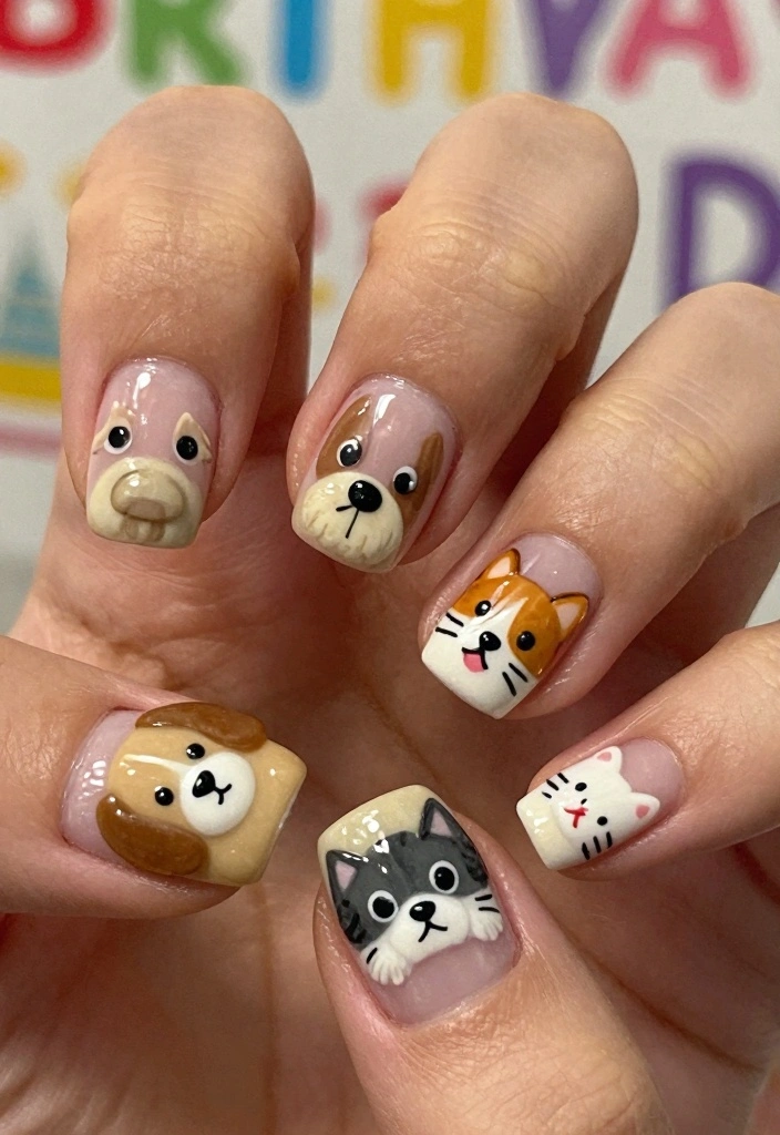 15 Birthday Nails Ideas Fun Glam Party Ready - 4. Cute Animal Faces 1