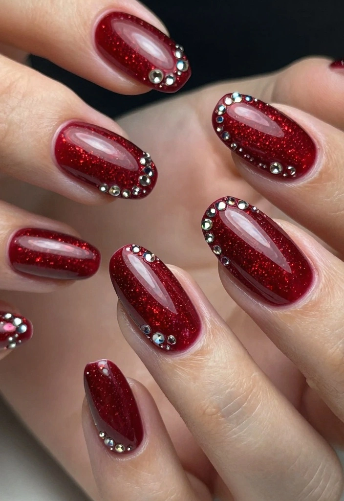 15 Cherry Red Nails Ideas: Bold Timeless Glam - 10. Cherry Red with Rhinestones 1