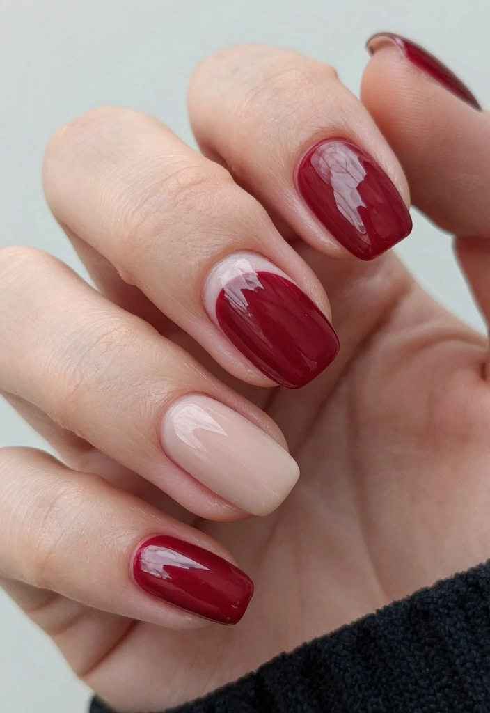 15 Cherry Red Nails Ideas: Bold Timeless Glam - 11. Cherry Red with a Twist: Half-Moon Design 1