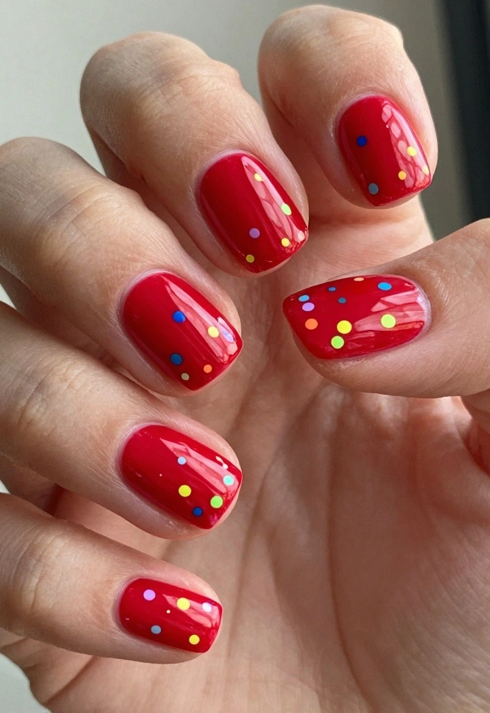 15 Cherry Red Nails Ideas: Bold Timeless Glam - 12. Cherry Red with Neon Dots 1