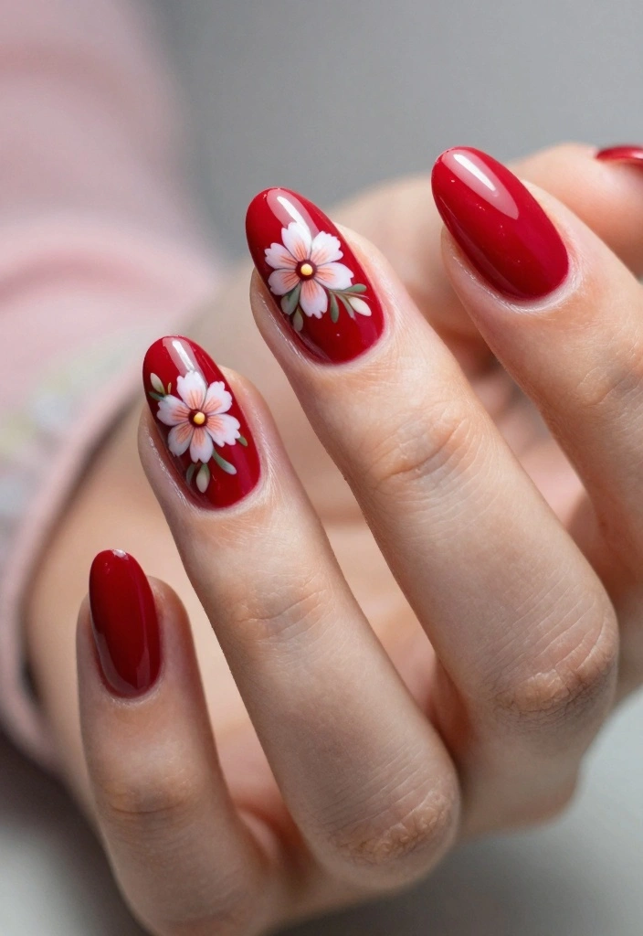 15 Cherry Red Nails Ideas: Bold Timeless Glam - 6. Cherry Red with Floral Accents 1