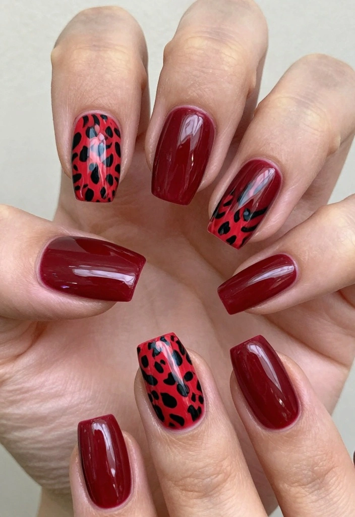 15 Cherry Red Nails Ideas: Bold Timeless Glam - 9. Cherry Red and Animal Print 1