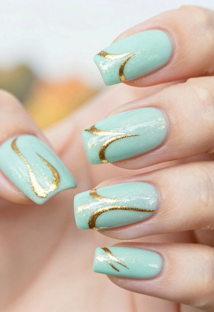 15 Cute Fall Nail Ideas in Soft Playful Style - 1. Soft Mint with Gold Accents 1